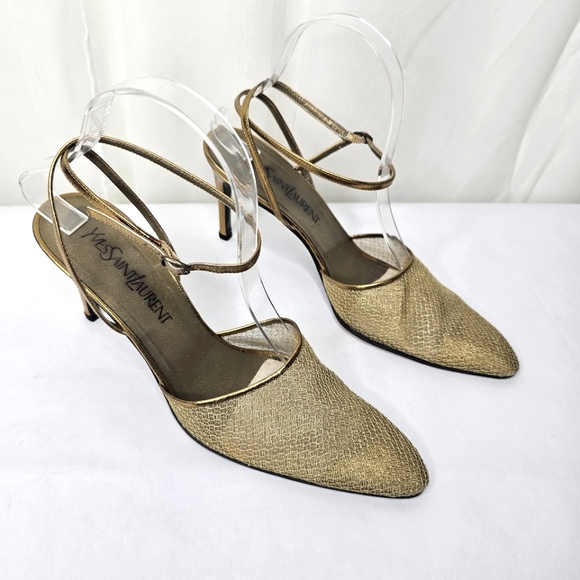 Yves Saint Laurent Luxor Night Metal Mesh Gold Ankle Strap Heels Size 8.5 - Picture 1 of 14